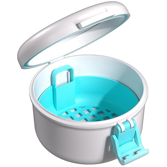 ARGOMAX Leak Proof Retainer Cleaner Case, Denture Cups for Soaking Dentures, Denture Travel Case (White+Blue).