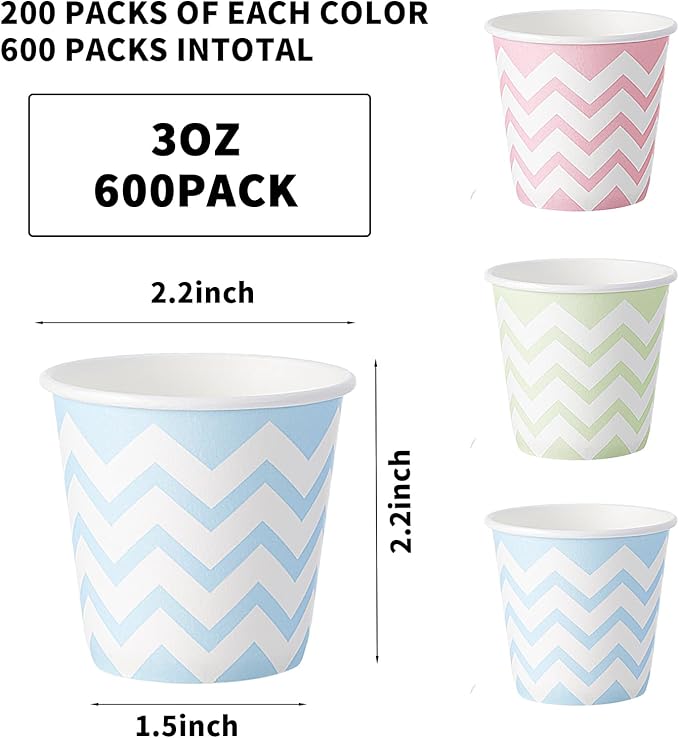 Tamone 600 Pack 3 oz Paper Cups - Small Bathroom Cups, Mini Wave Design Disposable Cups, Pink, Green, Blue - Mouthwash Cups for Valentine's, Picnic, BBQ, Travel, Home, Event