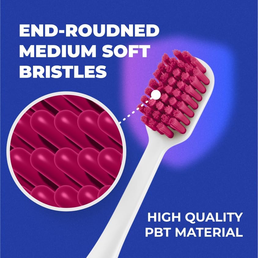 Medium Soft Toothbrush for Adults | Ultra-Dense Rounded Bristles | Gentle on Gums | Deep Plaque Removal | Whiter Smile | Suitable for Braces | 2 Pack Multicolor