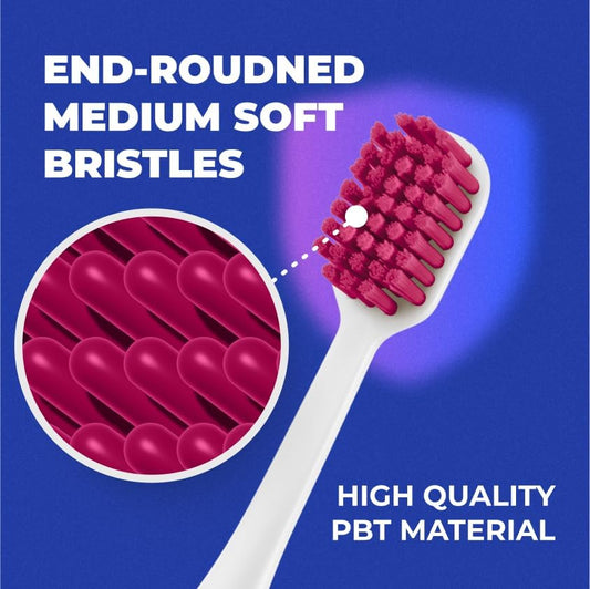 Medium Soft Toothbrush for Adults | Ultra-Dense Rounded Bristles | Gentle on Gums | Deep Plaque Removal | Whiter Smile | Suitable for Braces | 2 Pack Multicolor