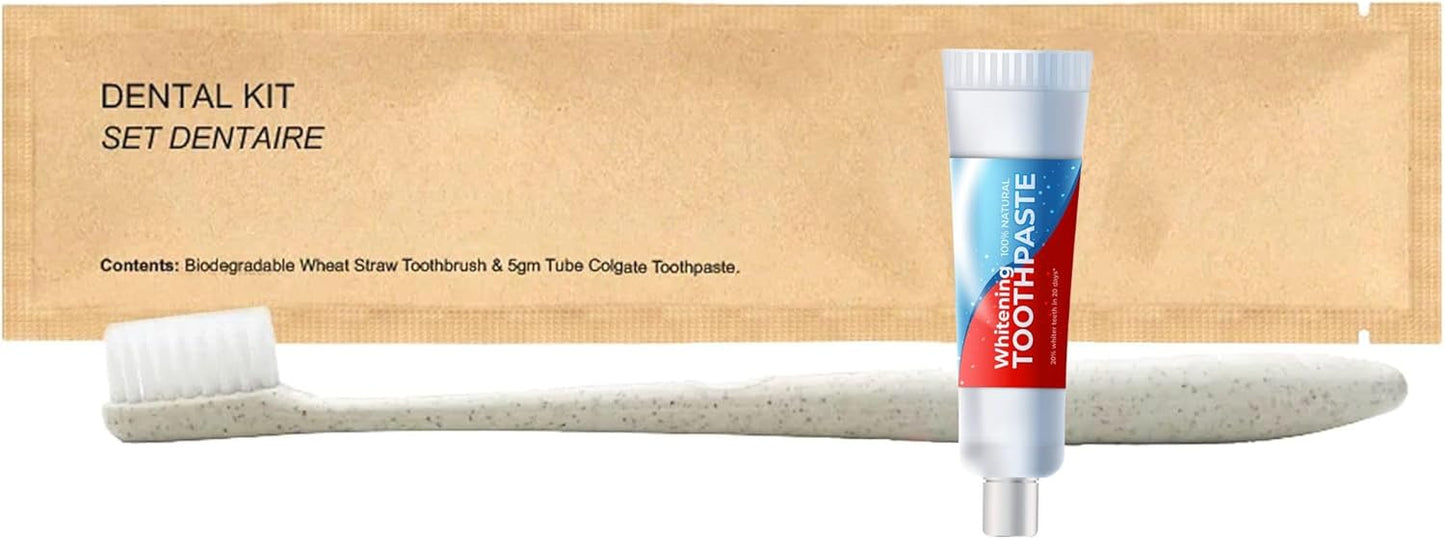 World Amenities Kraft Paper Dental Kit - Wheat Straw Toothbrush and Toothpaste Dental Care Kit (25)