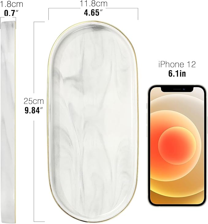 Luxspire Bathroom Vanity Tray, Marble Ceramic Dresser Jewelry Dish with Golden Rim, Decorative Tray Countertop Sink Storage Holder Organizer for Soap Candles Perfume Comestic Home Decor, Marble White