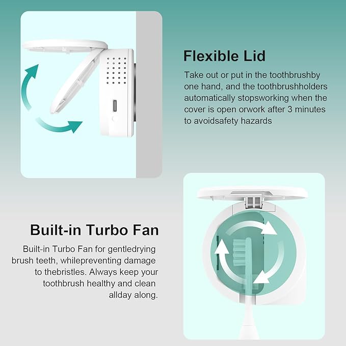 UV Toothbrush Sanitizer Holder, Toothbrush Sanitizer and Holder Cover Caps with Fan Drying, Rechargeable Portable Toothbrush Cleaner Case Fits Most Electric and Manual Toothbrushes