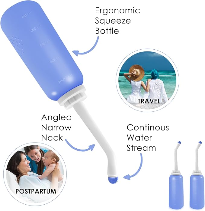 RUFCRIL Peri Bottle, 2-Pack Portable Travel Bidet with Bag, TPE Material Can Be Boiled, 17oz/500ml with 2 Sealing Rings,Essentials for Postpartum Perineal Care,Hemorrhoid Treatment,and Baby(Blue)
