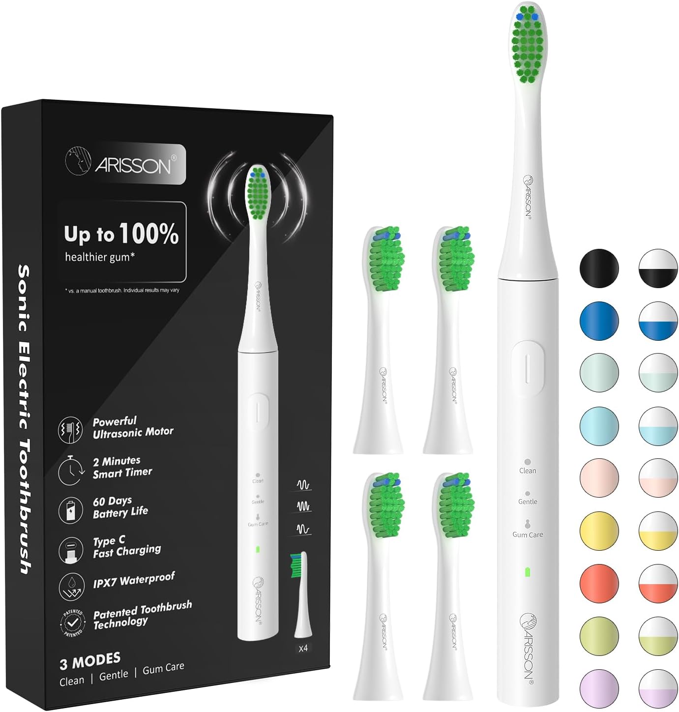 ARISSON Sonic Electric Toothbrush for Adults and Kids, 40,000 VPM Power Toothbrush, 1.5H Fast Charge Ultrasonic Electric Toothbrushes with 2 Minutes Smart Timer, Snow White