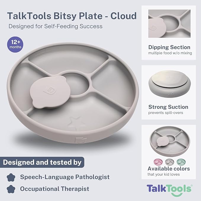 TalkTools Bitsy Silicone Baby Suction Plate with Locking Lid – Divided Plate for Toddlers Learning to Self-Feed – Non-Slip, BPA-Free, Microwave + Dishwasher Safe Baby Mealtime Plate(Cloud).
