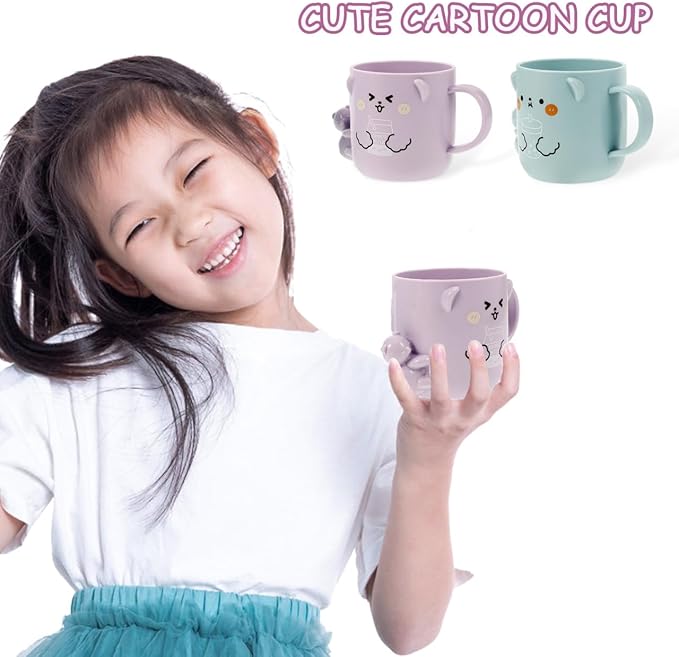 Cartoon Bathroom Tumbler Cups for Kids, 2pcs Tooth Brush Cups Plastic Toothbrush Holders Reusable Water Mugs