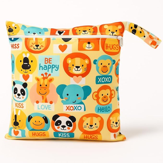Waterproof Wet Dry Bag, Reusable Diaper Pouch with Zipper, Machine Washable Travel Organizer for Beach, Daycare, Kids, Dinosaur Pattern (Orange Lion)