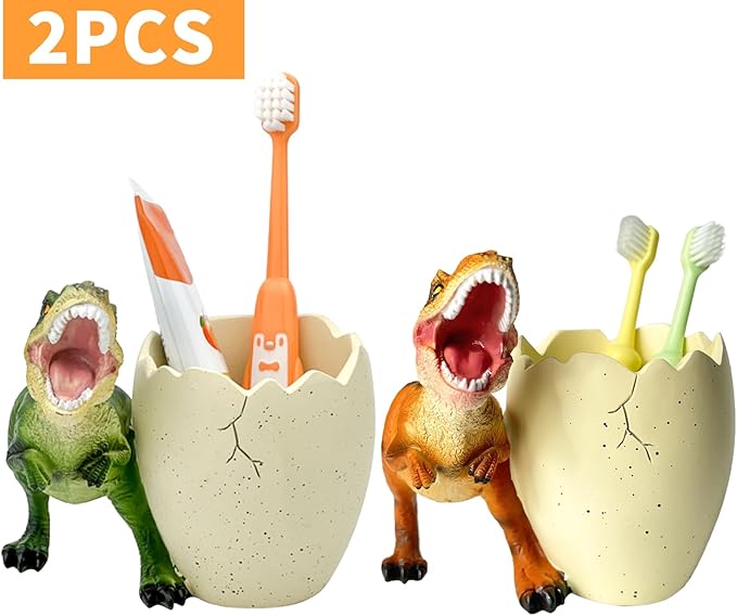 FlidRunest 2 PCS Dinosaur Kids Toothbrush Holders for Bathrooms - Cute Dino Toothbrush Holder - Easy to Clean Toothbrush and Toothpaste Holder - Dinosaur Bathroom Decor Accessories-Green+Orange