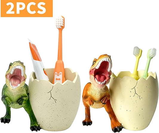 FlidRunest 2 PCS Dinosaur Kids Toothbrush Holders for Bathrooms - Cute Dino Toothbrush Holder - Easy to Clean Toothbrush and Toothpaste Holder - Dinosaur Bathroom Decor Accessories-Green+Orange