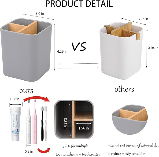Bamboo Toothbrush Holder for Bathrooms, 3 Slots Toothbrush and Toothpaste Holder Bathroom Counter Organizer for Electric Toothbrushes, Floss, Razors - Gray