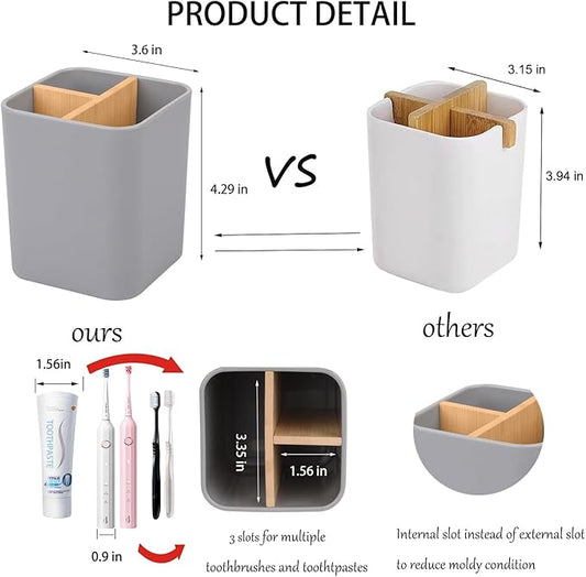 Bamboo Toothbrush Holder for Bathrooms, 3 Slots Toothbrush and Toothpaste Holder Bathroom Counter Organizer for Electric Toothbrushes, Floss, Razors - Gray