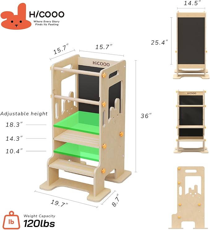 Kids Kitchen Step Stool - Learning Standing Tower with Blackboard, Height Adjustable Safety Rail Stool for Kids, Non-Slip Adjustable Stool for Kitchen, Bathroom