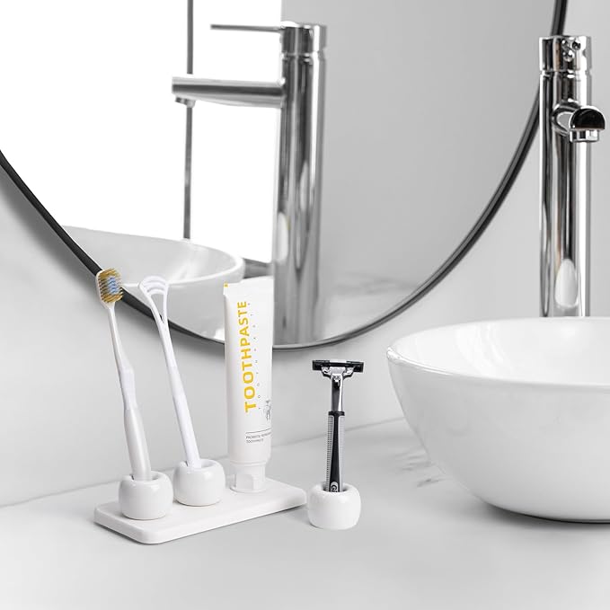 3 Pack Mini Ceramic Toothbrush Holder Stand with 1 Pack Water Absorbing Stone for Bathroom Vanity Countertop, Toothbrush Organizer, White