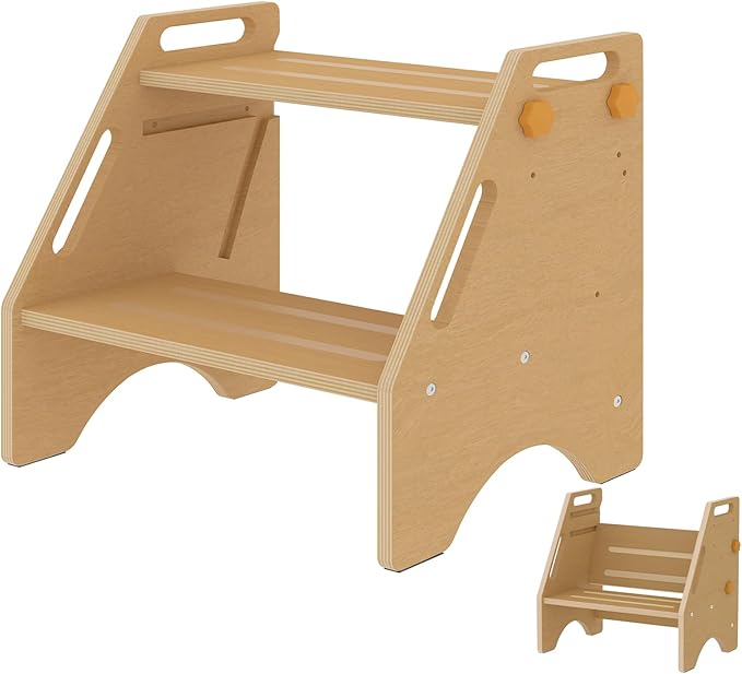Toddler Step Stool, Wooden Height-Adjustable 2 Step Stool for Kids, 2 in 1 Potty Training Stool with Safety Handles Non-Slip Pads for Bathroom Sink, Kitchen, Bedroom (Natural)