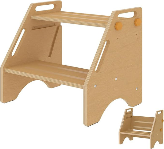 Toddler Step Stool, Wooden Height-Adjustable 2 Step Stool for Kids, 2 in 1 Potty Training Stool with Safety Handles Non-Slip Pads for Bathroom Sink, Kitchen, Bedroom (Natural)