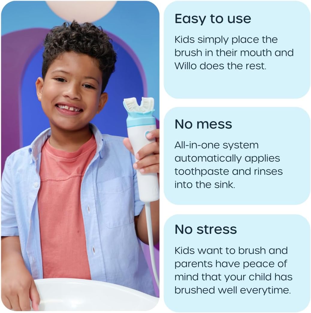 Willo Fully Automatic Kids U-Shaped Electric Toothbrush - 2 Brushing Timers, Deep-Cleans, Consistent Results, Eliminates Brushing Mistakes - Berry Splash (Small - Kids Ages 5-7 Years)