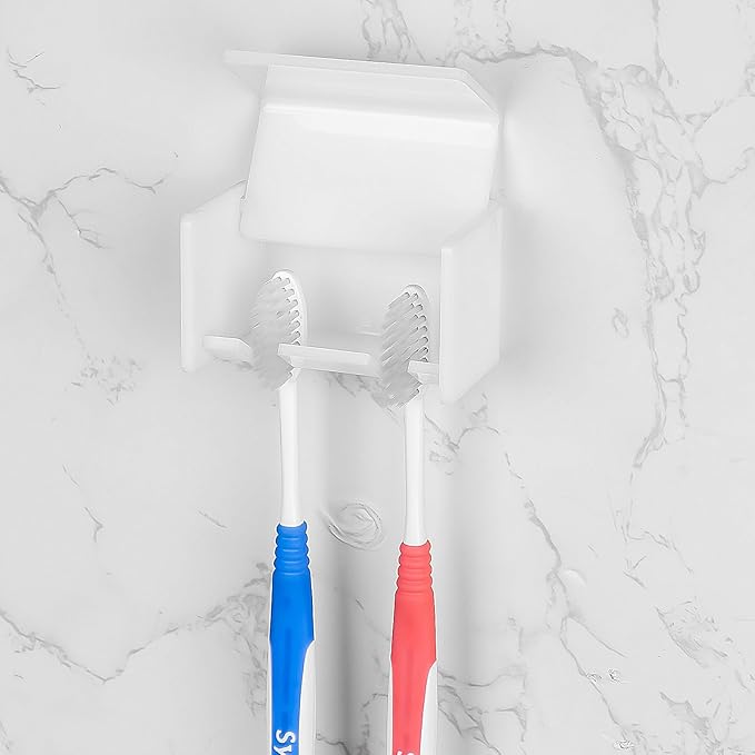 2 Pack Toothbrush Holder Wall Mounted with Cover for Bathroom, 2 Slots Toothbrush Storage Organizer for Shower, Self Adhesive Toothbrush Hanger Rack for Dorm, Cabinet (White)