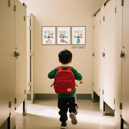 Wash Your Hands Sign Bathroom Decor for Kids - 12x16 Inch Each x3 Canvas Wall Art for Toddler Decor, Frameless Kids Bathroom Wall Art with Quotes, Waterproof and Easy to Clean, for Room Decoration