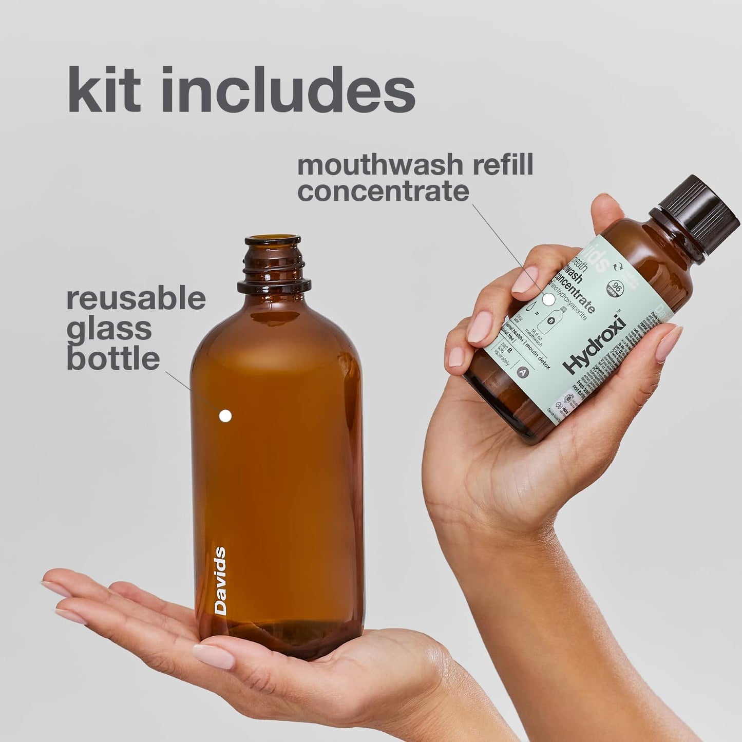 Davids Hydroxi Fresh Breath Mouthwash Starter Kit, Alcohol-Free, Fluoride-Free, Nano-Hydroxyapatite for Remineralizing & Enamel Health, Relieves Dry Mouth, Fresh Mint, 16 fl oz