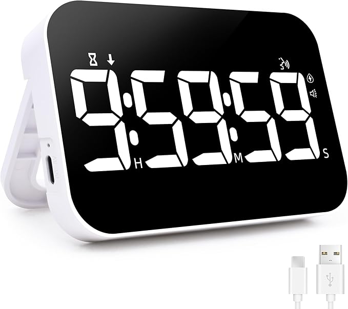 LED Timer（1.5" Number） with Voice Reminder, Digital Magnetic Timer, Countdown/Up, Rechargeabilit, Brightness Display, 3 Volume Levels and Vibration Mode, for Classroom, Study (White)
