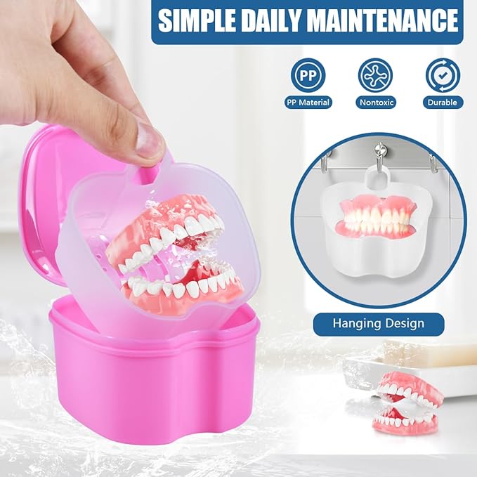 2 Pack Colors Denture Bath Case Cup Box Holder Storage Soak Container with Strainer Basket for Travel Cleaning (White and Pink)