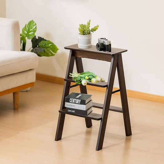 Latifolia Foldable 3 Step Ladder, Bamboo Step Stool with Floor Saver, Decorative Ladder Shelf for Living Room, Kitchen, Garden(Dark Walnut)
