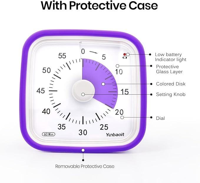 Yunbaoit Upgraded Visual Timer with Protective Case, 60 Minute Silent Countdown Timer for Kids and Adults Clock Time Management Tool(Purple)