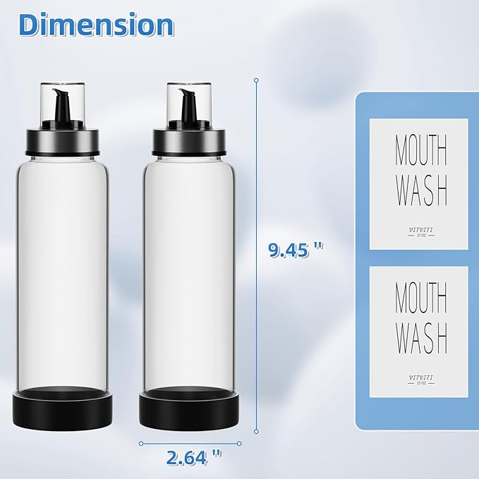 VITVITI Mouthwash Dispenser for Bathroom, Glass Mouth Wash Container with Cup Lid, 17OZ Clear Refillable Mouthwash Bottle Decanter with Silicone Pad/Labels, Set of 2