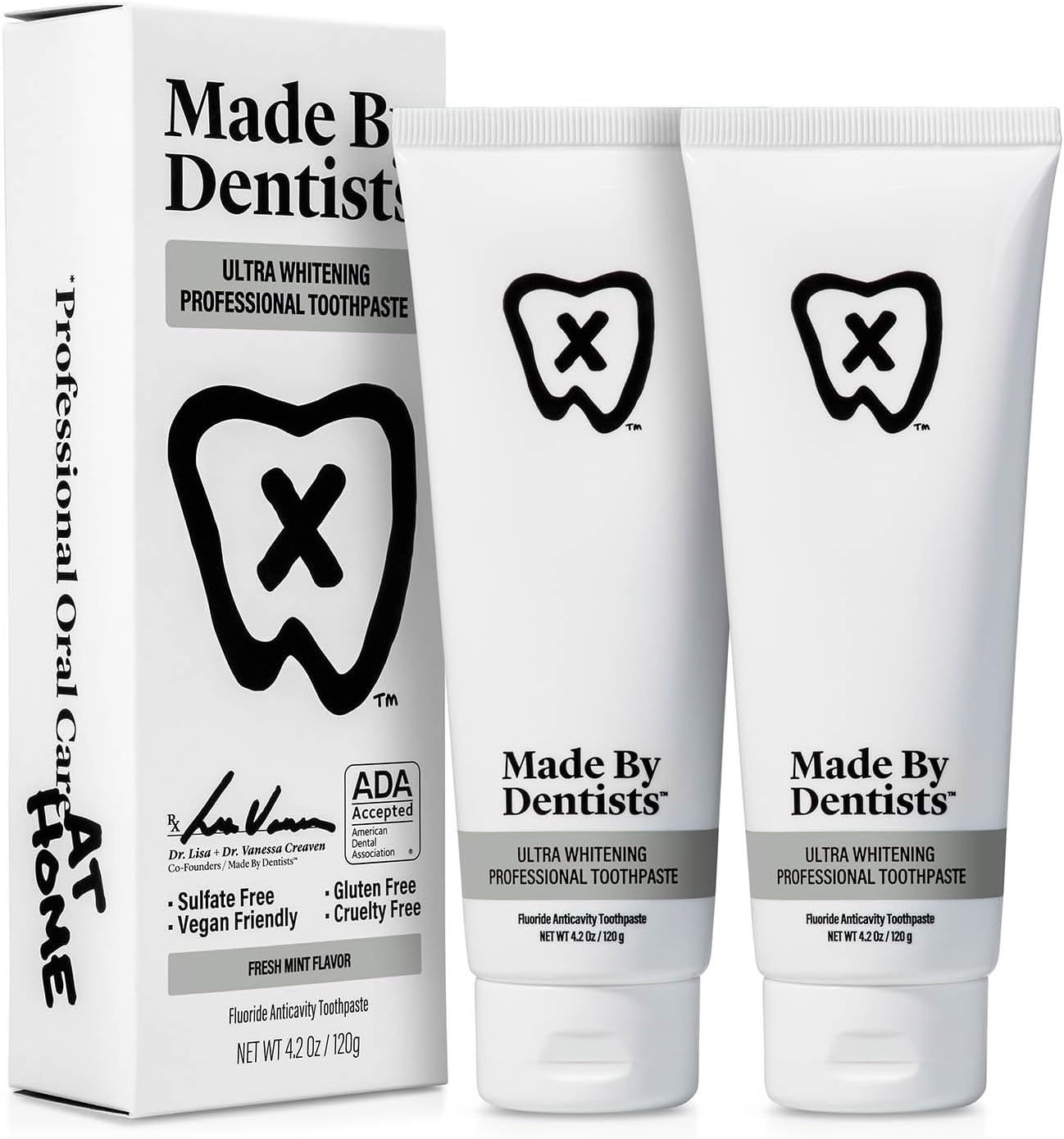 Made by Dentists Professional Ultra Whitening Toothpaste - 2 Pack - Sensitive Teeth Whitening Toothpaste with Sodium Fluoride & Hydrogen Peroxide, ADA Approved, Vegan, 2 x 4.2oz