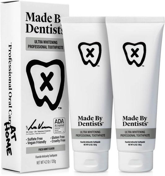 Made by Dentists Professional Ultra Whitening Toothpaste - 2 Pack - Sensitive Teeth Whitening Toothpaste with Sodium Fluoride & Hydrogen Peroxide, ADA Approved, Vegan, 2 x 4.2oz