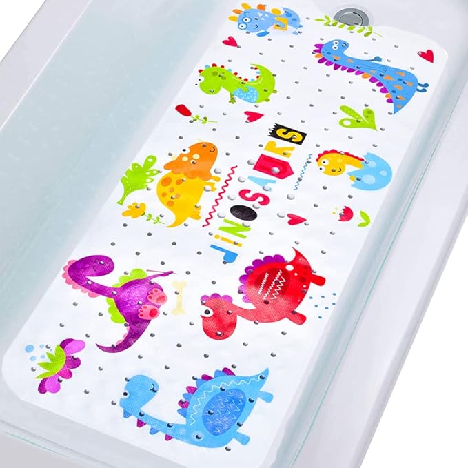 Bath Mat for Tub for Kids Dinosaur Non Slip Bathtub Mat for Baby Toddler 40X16 Inch Long Anti Skid Bathroom Shower Mat with Suction Cups & Drain Holes