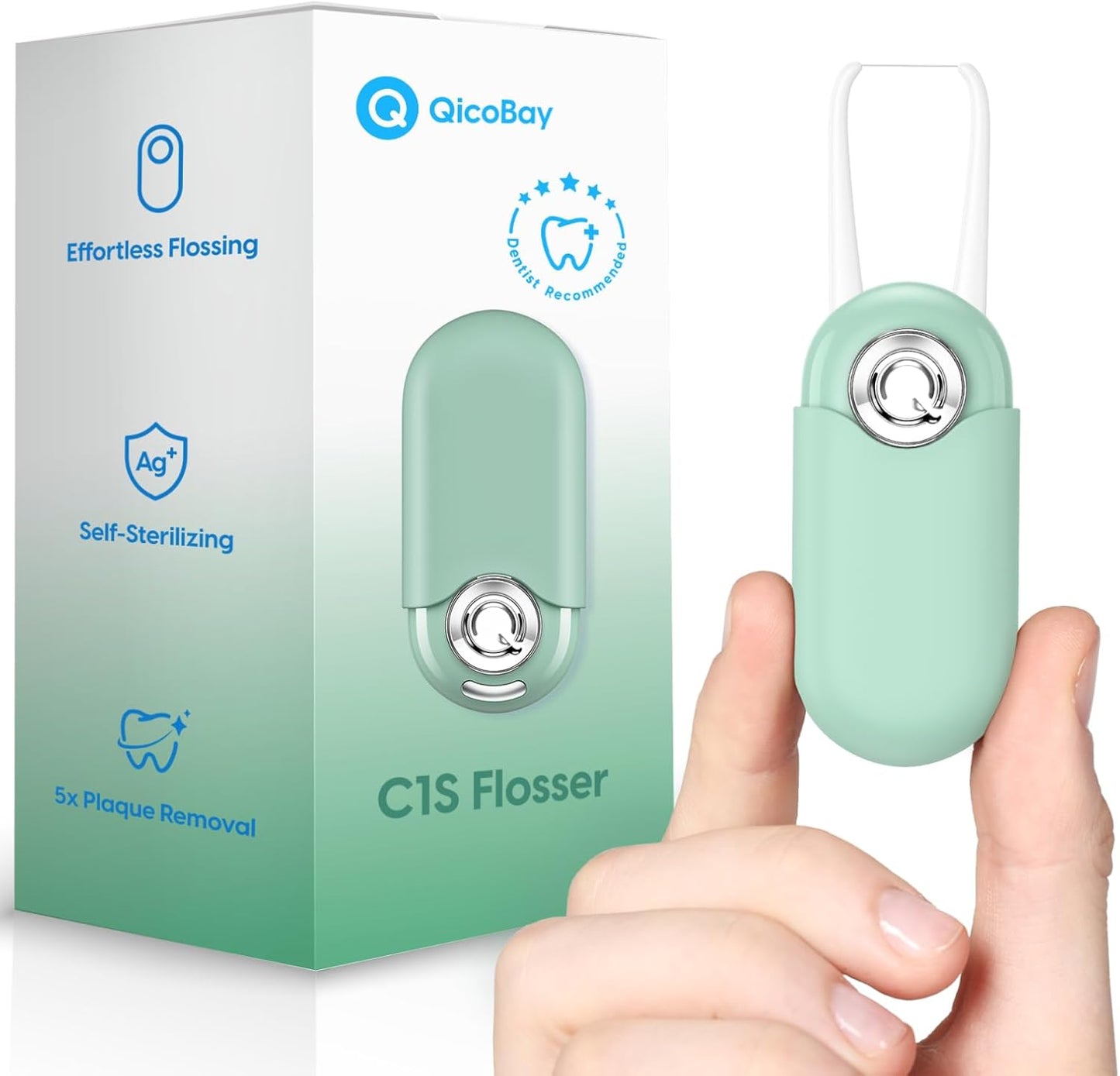 C1S Reusable Flosser Set, Auto-Restringing Flosser with Replaceable Floss Capsule, Multi-Hygiene, Portable Travel Floss, Recyclable Zero Waste, Unflavored(Tide Cyan)