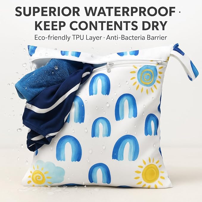 Waterproof Wet Dry Bag, Reusable Diaper Pouch with Zipper, Machine Washable Travel Organizer for Beach, Daycare, Kids, Dinosaur Pattern (Rainbow)