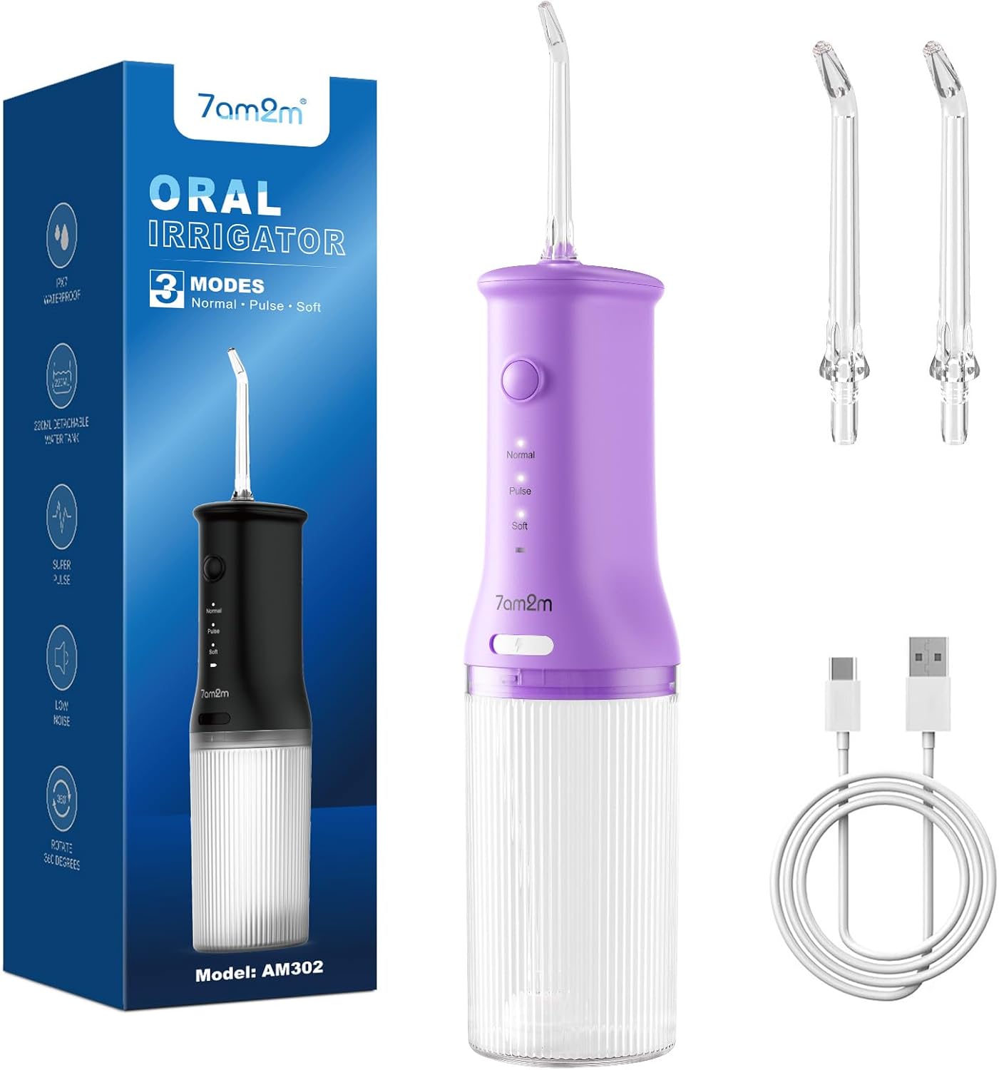 7AM2M Portable Water Flosser Cordless, Water Flosser for Teeth with 3 Modes and 2 Jet Tips, USB C Rechargeable, IPX7 Waterproof, Dental Water Flosser for Travel and Home Use (Purple)
