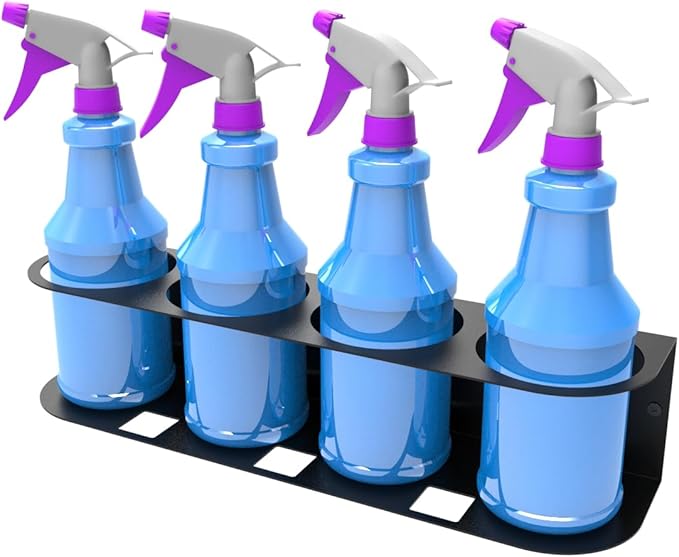JINGCHENGMEI 4 Spray Bottles Holder, Steel Wall Mount Storage Organizer for All-Purpose at Garage and Home (SBH-4B1Pc)