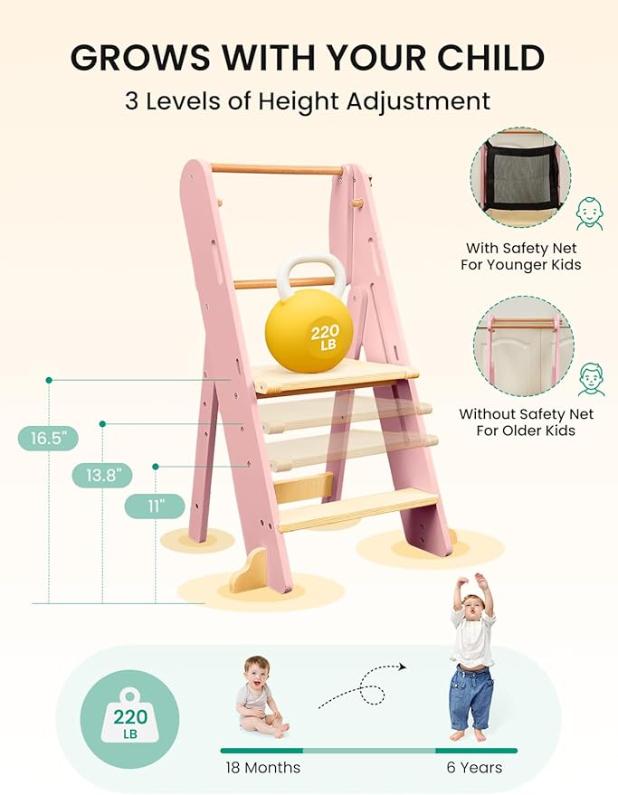 GROWNSY Foldable Step Stool Toddler Tower, Toddler Kitchen Stool Helper, Collapsible Kids Standing Tower with 3 Adjustable Heights and Safety Net for Kitchen Bathroom Sink Counter (Light Pink)