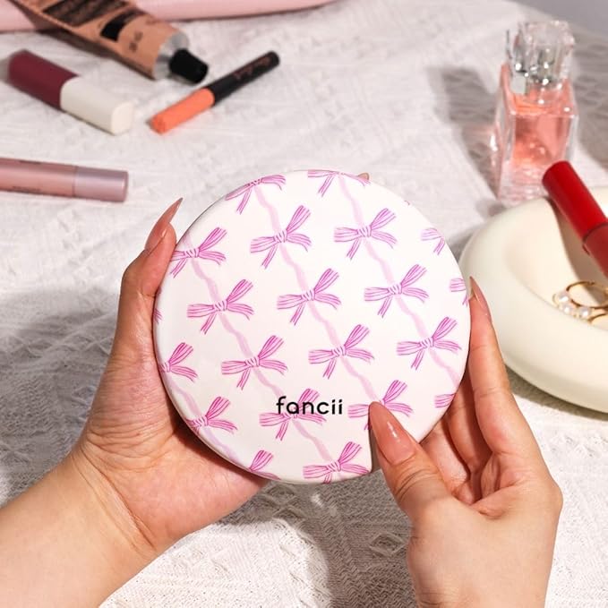 Fancii Taylor LED Lighted Travel Makeup Mirror, Rechargeable, 10x /1x Magnifying, Tru-Glow Lighting System, XL Large 5” Wide | Compact Mirror for Purses (Rosette Ribbon)