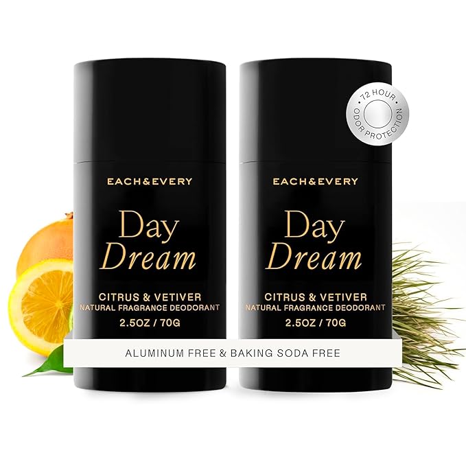 Each & Every Aluminum Free Deodorant for Women & Men, Citrus & Vetiver - All Natural Deodorant for Sensitive Skin, EWG Verified - Clean, Baking Soda-Free, Plant-Based Fragrance - 2.5oz, 2 Pack