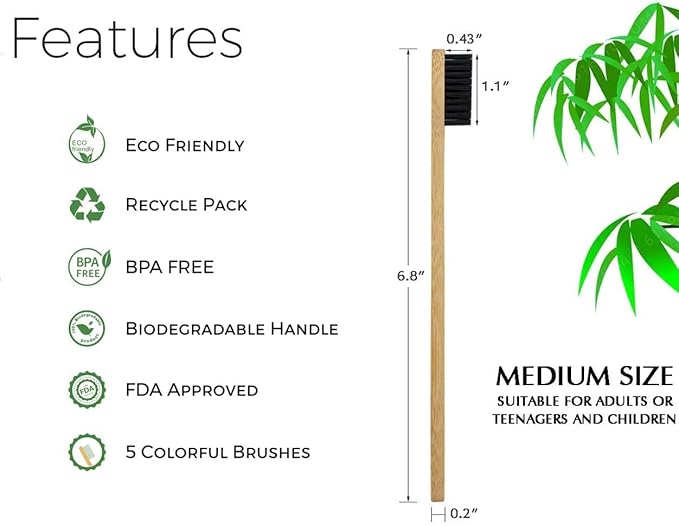 Bamboo Toothbrushes Medium Bristles for Adult, 10 Pack Family Bulk Toothbrushes Set Natural Organic Wooden Tooth Brush Charcoal Wood Handle Tooth Cleaning Brush Black White