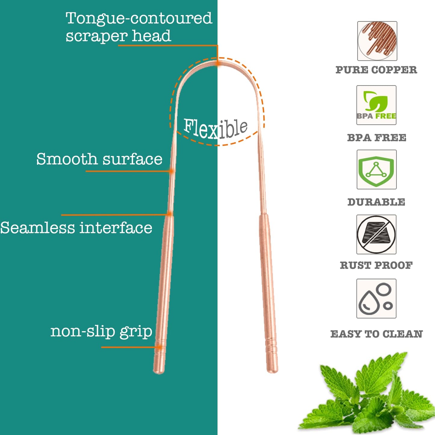 Copper Tongue Scraper (2 Pack), Tongue Cleaner for Reduce Bad Breath, Tongue Scrapers for Adults & Kids, 100% Copper Metal Tongue Scrubber Set for Oral Care & Easy to Use (long-handle)