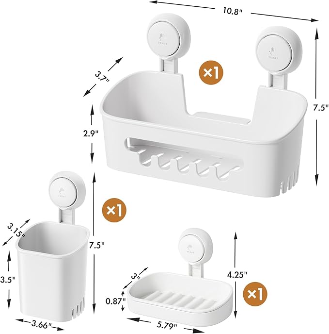 LEVERLOC Shower Caddy Suction Cup Set Shower Organizer & Soap Holder & Toothbrush Holder, Bathroom Shelf Basket NO-Drilling, Removable Suction Storage Waterproof Bathroom Caddy, White