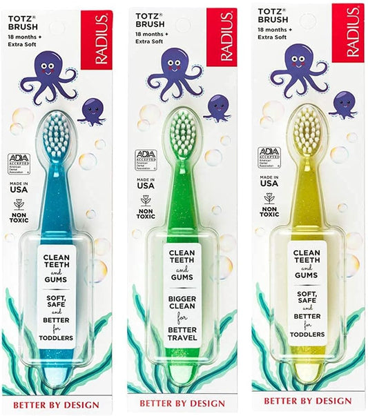 RADIUS Children's Toothbrush, Totz Brush, Extra Soft Bristles, Blue/Green/Yellow, BPA Free & ADA Accepted, Designed for Delicate Teeth & Gums for Children 18 Months & Up, Pack of 3