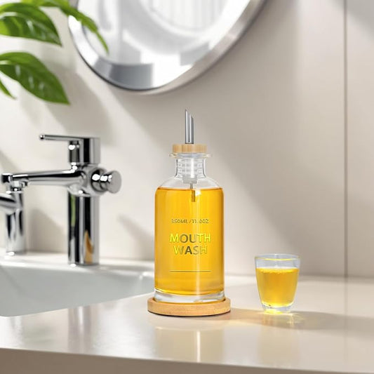 Mouthwash Dispenser for Bathroom 11.8oz – Clear Glass Mouthwash Bottle with Bamboo Tray, Silicone Base, Gold Hot-Stamped Lettering, Refillable Mouthwash Container for Bathroom (Clear)
