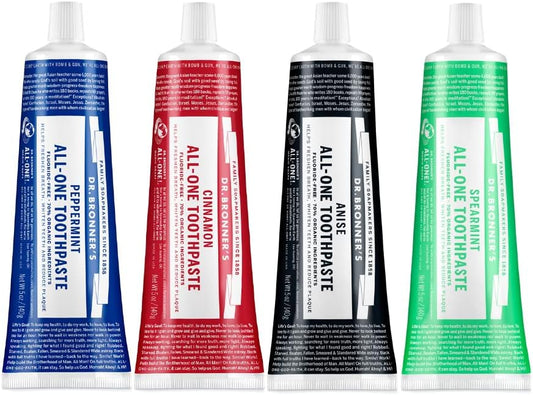 Dr. Bronner's All-One Toothpaste 4-Pack Variety– (Peppermint, Spearmint, Cinnamon, Anise, 5oz Each)– 70% Organic Ingridients, SLS Free Toothpaste, Fluoride Free, Natural, Vegan, for Sensitive Teeth