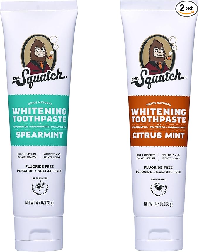 Dr. Squatch Natural Teeth Whitening Toothpaste Kit - Day and Night Flouride Free Natural Toothpaste - Citrus Mint, Spearmint (4.7 oz, 2-Pack)