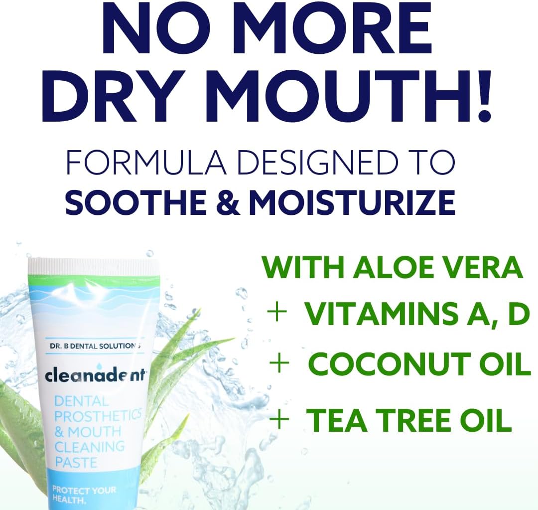 Dr. B Dental Solutions Cleanadent Denture and Gum Toothpaste, ADA Accepted All-Natural Denture Toothpaste for Adults - Removes Odors, Surface Stains and Adhesives - 4 oz