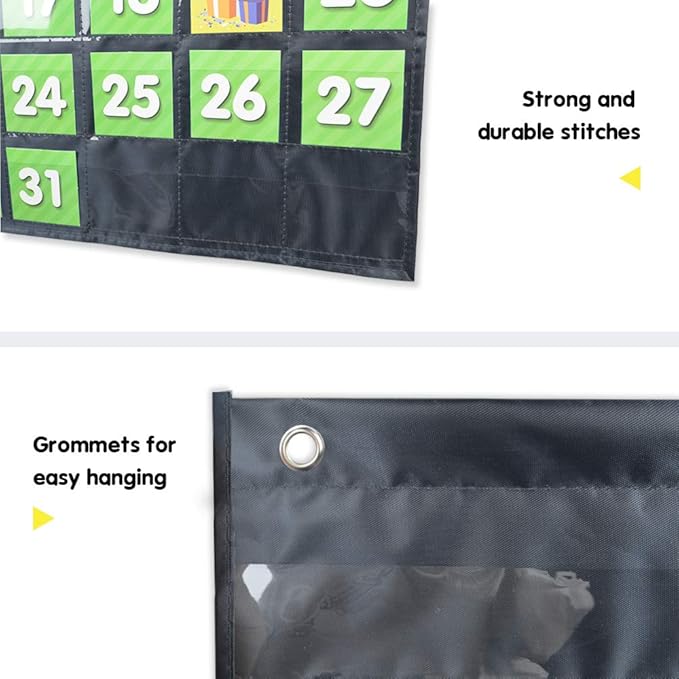 EAMAY Classroom Monthly Calendar Pocket Chart with 71 Cards for Kids Learning for Home,Homeschool Supplies and Classroom Must Haves!(Black)