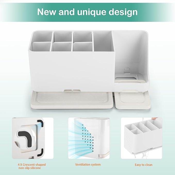 Toothbrush Holder for Bathroom Organizer with Diatom mud Board，Detachable 8 Slots Kids Electric Toothbrush Holder and Toothpaste Stand for Countertop Accessories Storage (White)