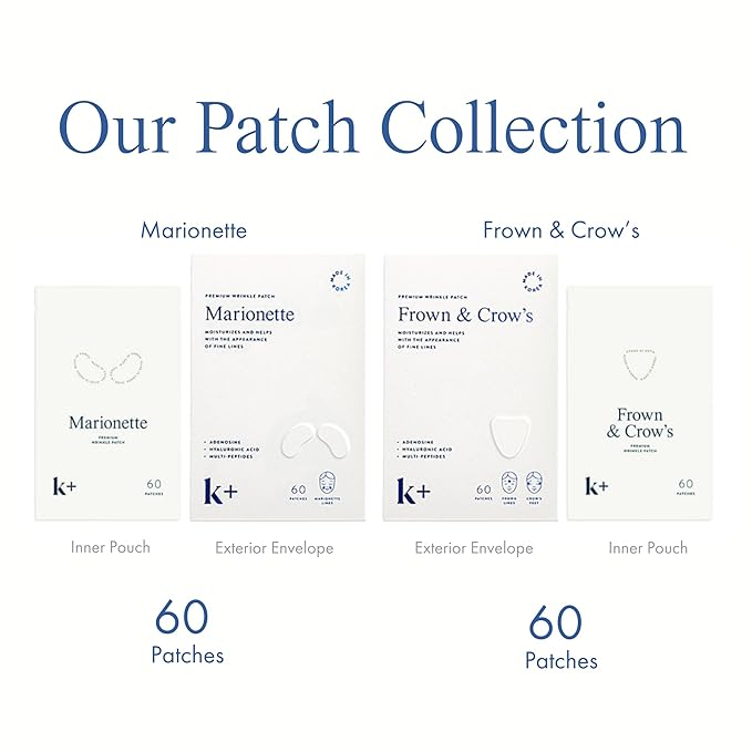 KPLUS K+ Wrinkle Patches for Marionette, Smile Lines with Hyaluronic Acid, Adenosine and Peptides - Korean Overnight Mindful-Aging Facial Stickers (60 Count)